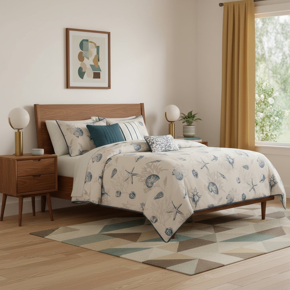 Set of Seven Blue And Ivory Queen Ring Stitch Sham And Comforter