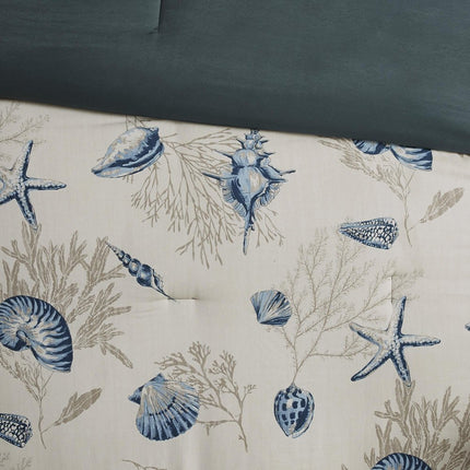 Set of Seven Blue And Ivory Queen Ring Stitch Sham And Comforter