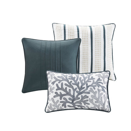 Set of Seven Blue And Ivory Queen Ring Stitch Sham And Comforter
