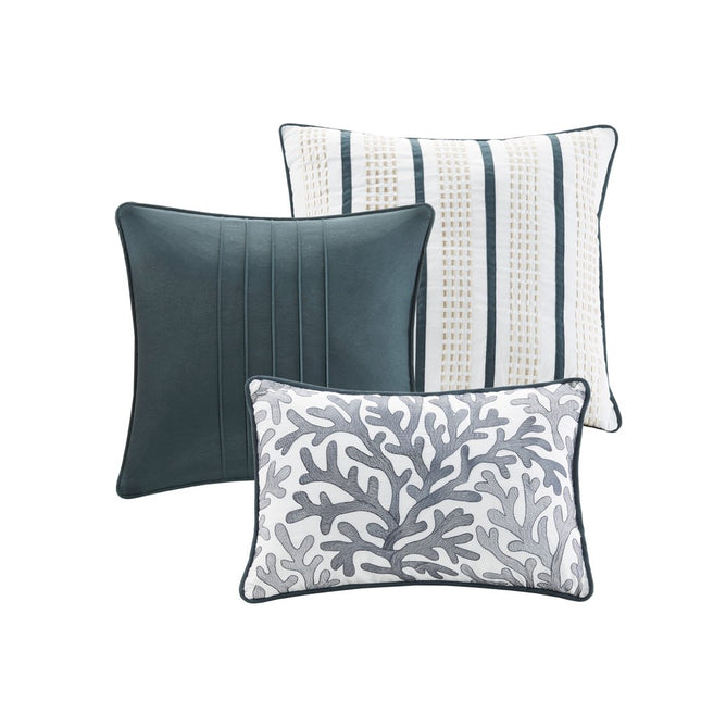 Set of Seven Blue And Ivory Queen Ring Stitch Sham And Comforter
