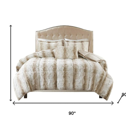 Set of Four Sand And Ivory Striped Queen Ring Stitch Polyester Sham And Comforter