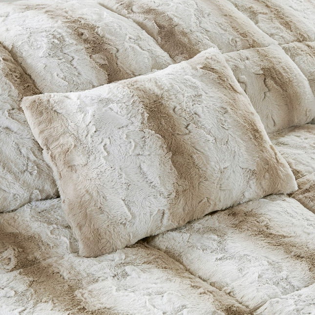 Set of Four Sand And Ivory Striped Queen Ring Stitch Polyester Sham And Comforter