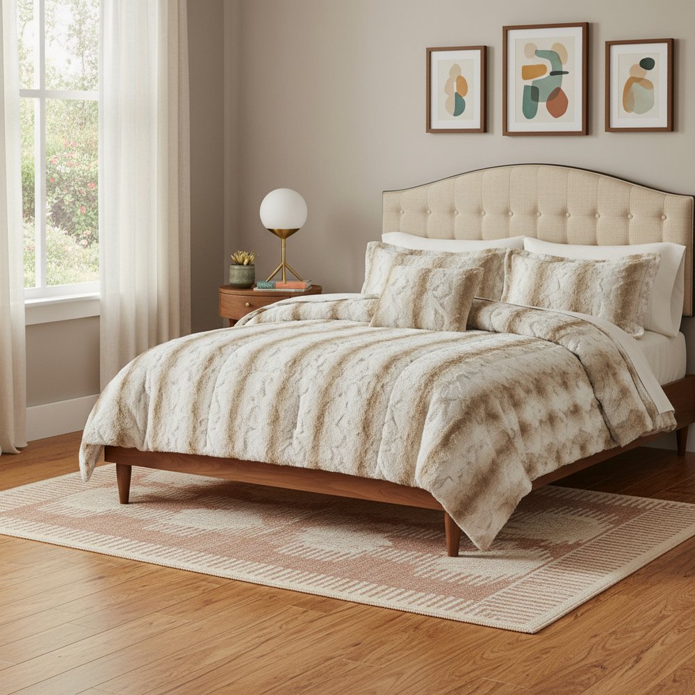 Set of Four Sand And Ivory Striped Queen Ring Stitch Polyester Sham And Comforter