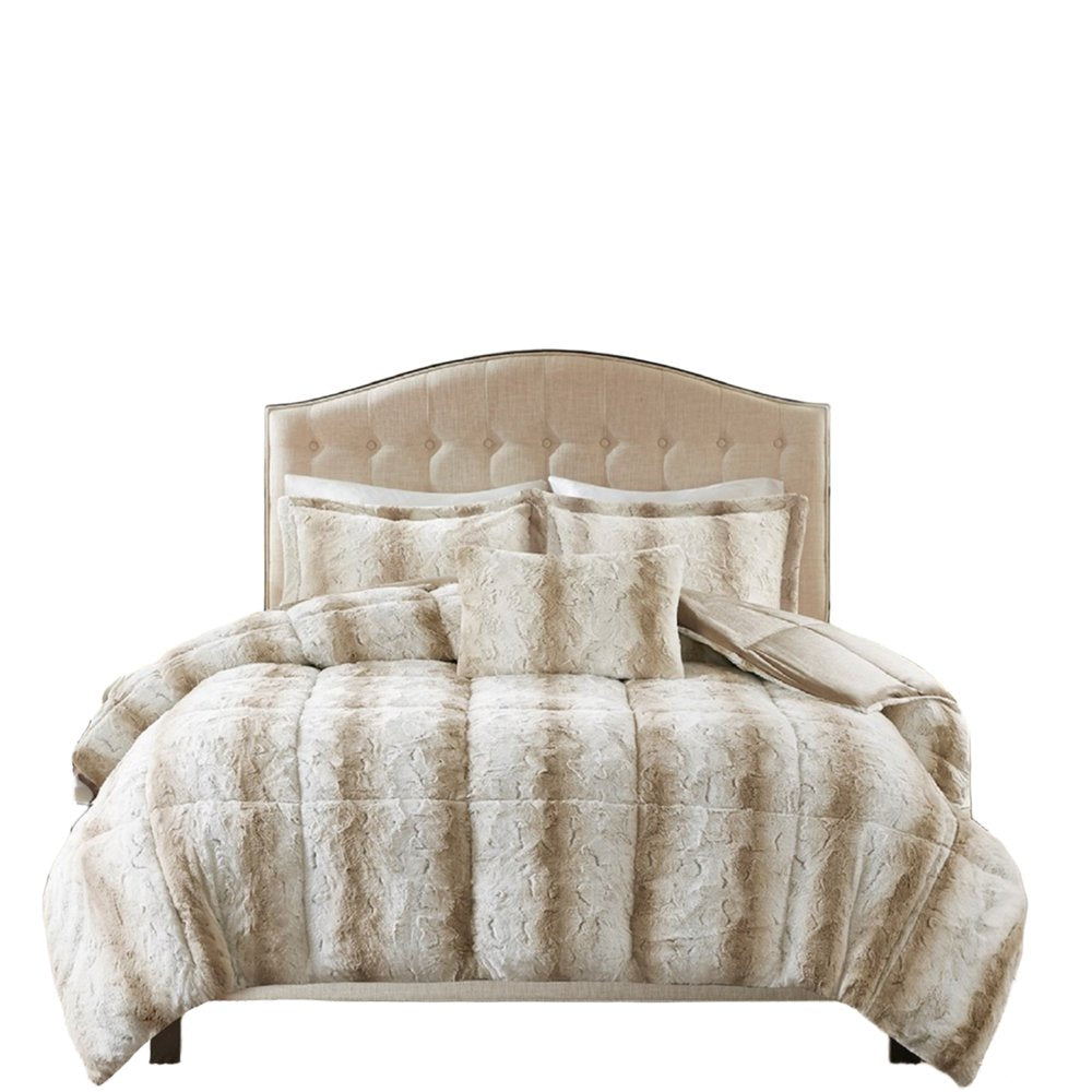 Set of Four Sand And Ivory Striped Queen Ring Stitch Polyester Sham And Comforter