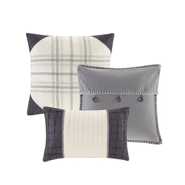 Set of Seven Gray And Ivory Plaid King Ring Stitch Polyester Sham And Comforter