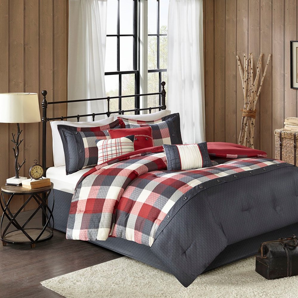 Set of Seven Red And Gray Plaid King Ring Stitch Polyester Sham And Comforter