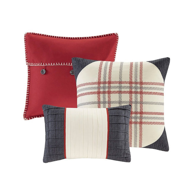 Set of Seven Red And Gray Plaid King Ring Stitch Polyester Sham And Comforter