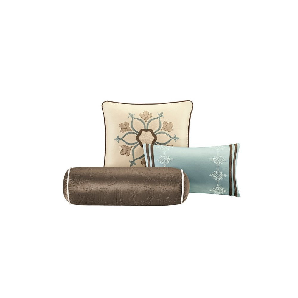 Set of Nine Ivory And Light Blue Medallion King Ring Stitch Polyester Sham And Comforter