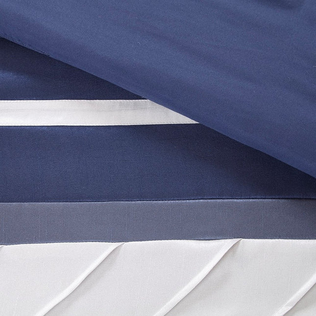 Set of Seven Navy Blue Striped Queen Ring Stitch Polyester Sham And Comforter