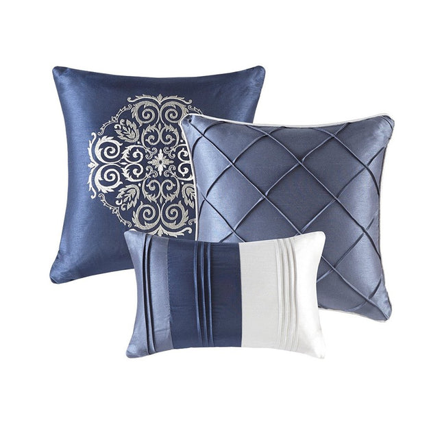 Set of Seven Navy Blue Striped Queen Ring Stitch Polyester Sham And Comforter