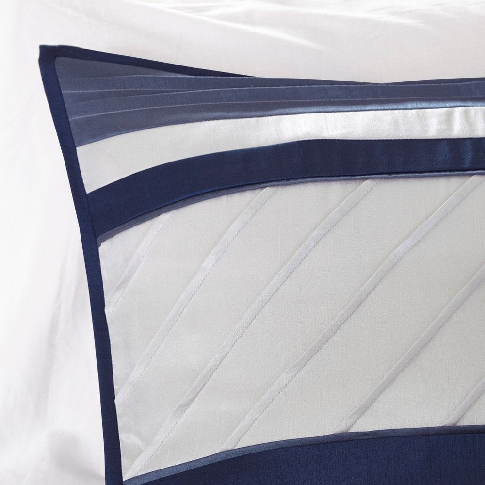 Set of Seven Navy Blue Striped Queen Ring Stitch Polyester Sham And Comforter