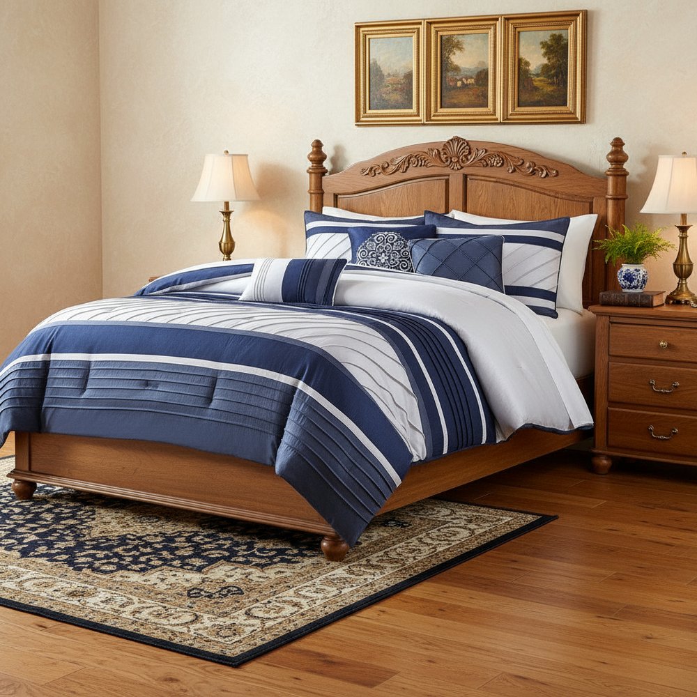 Set of Seven Navy Blue Striped Queen Ring Stitch Polyester Sham And Comforter