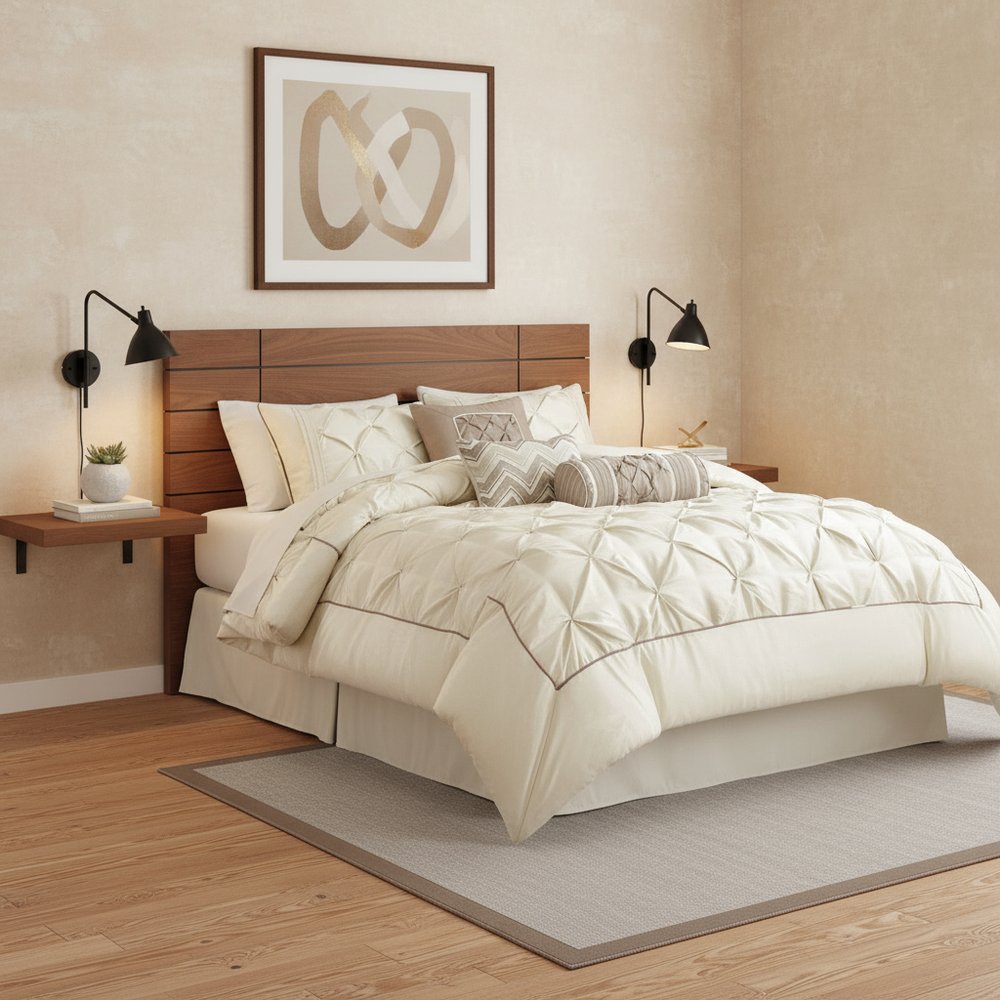 Set of Seven Ivory Queen Ring Stitch Polyester Sham And Comforter