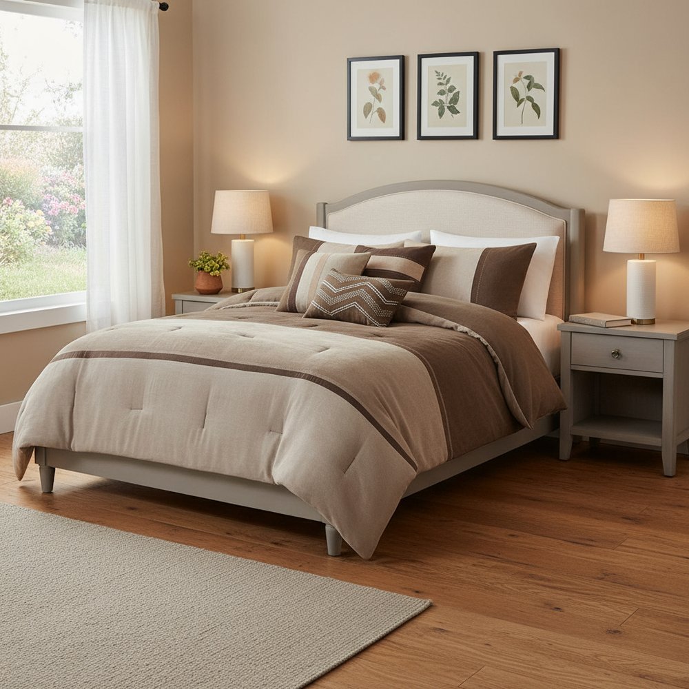 Set of Seven Brown King Ring Stitch Polyester Sham And Comforter