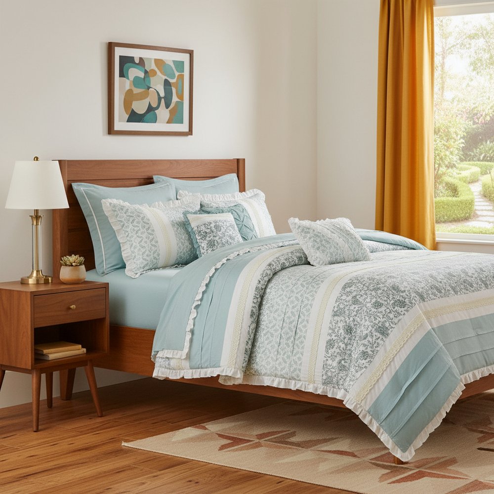 Set of Nine Aqua And Ivory Paisley King Ring Stitch Polyester Sham And Comforter