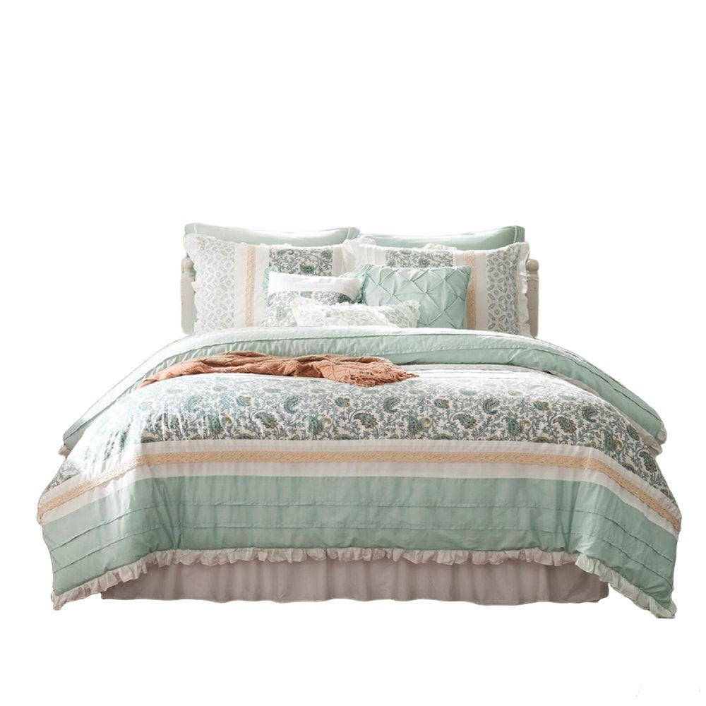 Set of Nine Aqua And Ivory Paisley King Ring Stitch Polyester Sham And Comforter