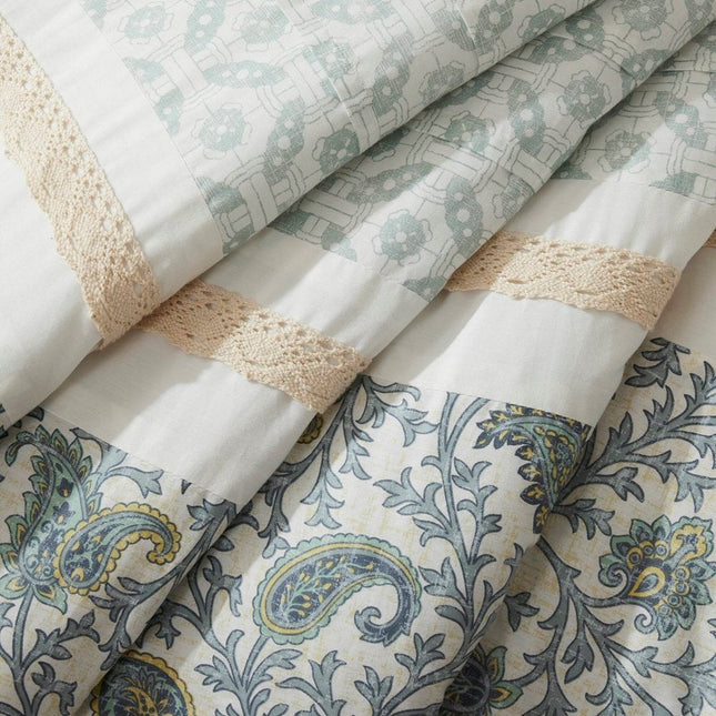 Set of Nine Aqua And Ivory Paisley King Ring Stitch Polyester Sham And Comforter HomeRoots