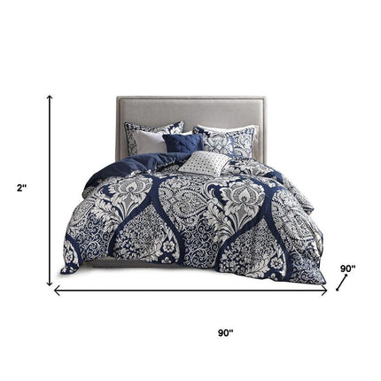 Set of Seven Indigo And White Damask Queen Ring Stitch Polyester Sham And Comforter