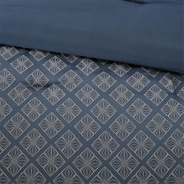 Set of Seven Navy Blue And Ivory Ombre King Ring Stitch Polyester Sham And Comforter HomeRoots