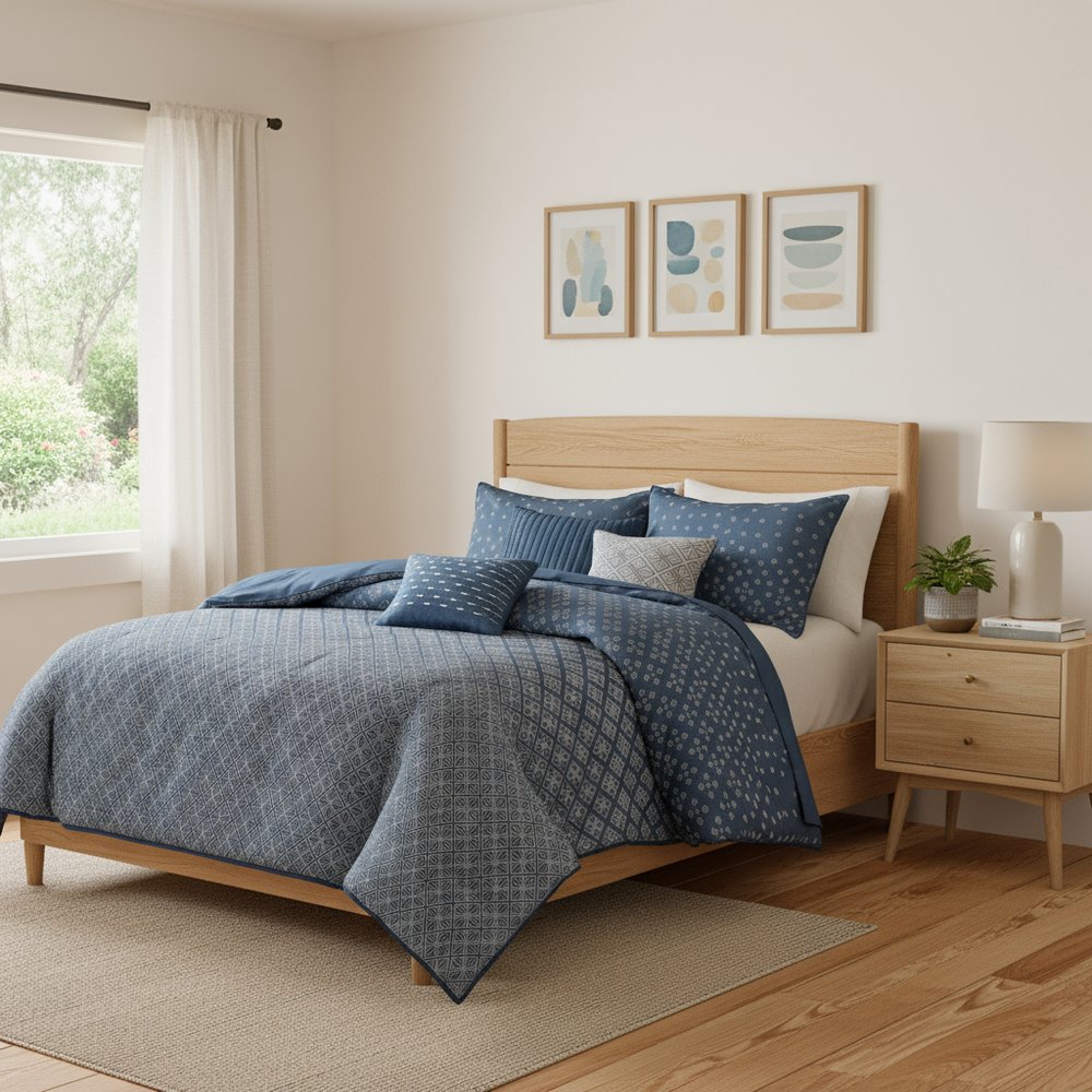 Set of Seven Navy Blue And Ivory Ombre King Ring Stitch Polyester Sham And Comforter