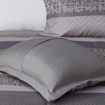 Set of Seven Gray And Taupe Striped King Ring Stitch Polyester Sham And Comforter HomeRoots