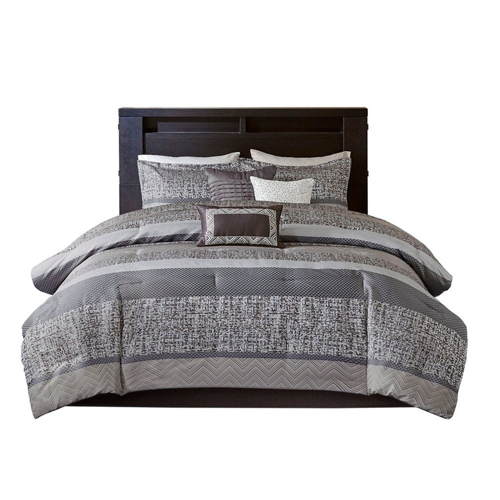 Set of Seven Gray And Taupe Striped King Ring Stitch Polyester Sham And Comforter
