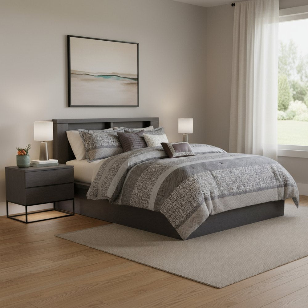 Set of Seven Gray And Taupe Striped King Ring Stitch Polyester Sham And Comforter