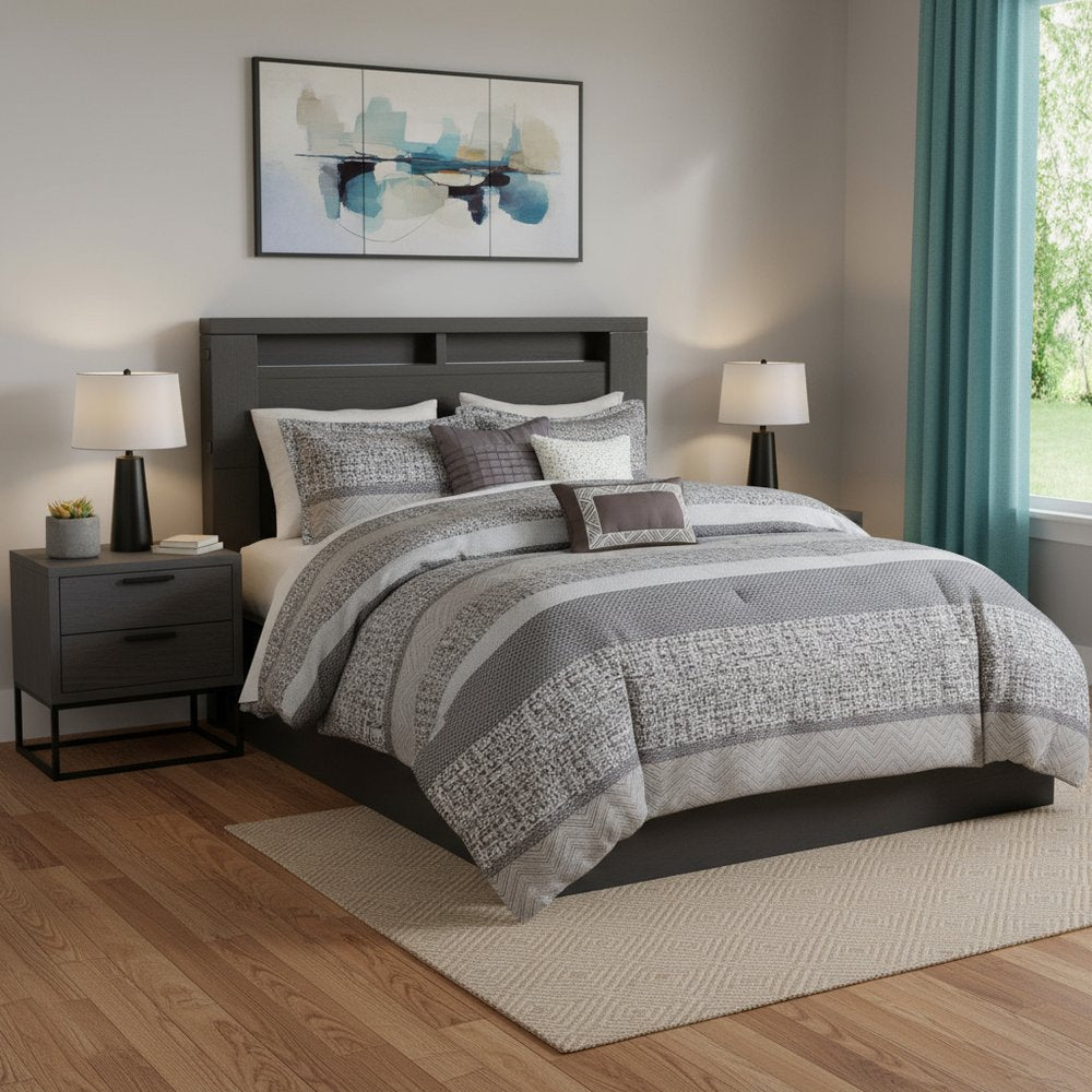 Set of Seven Gray And Taupe Striped Queen Ring Stitch Polyester Sham And Comforter