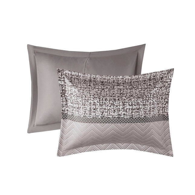 Set of Seven Gray And Taupe Striped Queen Ring Stitch Polyester Sham And Comforter