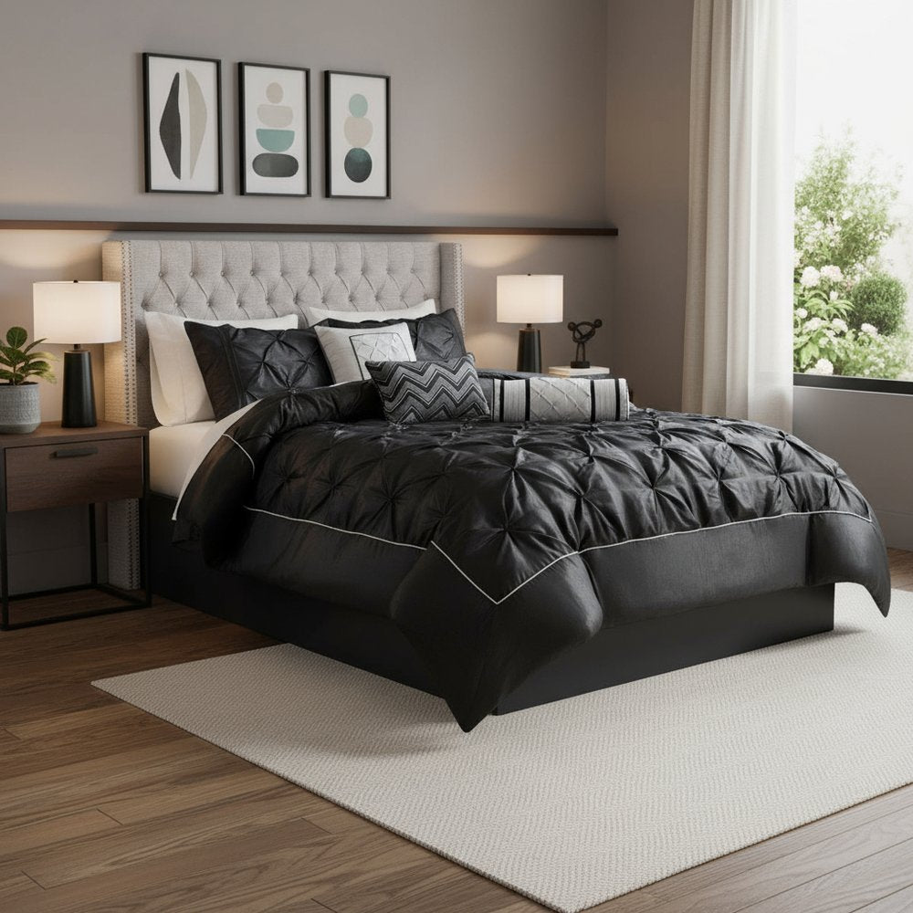 Set of Seven Black King Ring Stitch Polyester Sham And Comforter