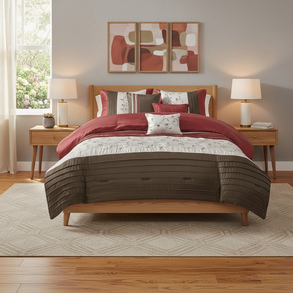 Set of Seven Red Brown And Ivory Floral King Ring Stitch Polyester Sham And Comforter