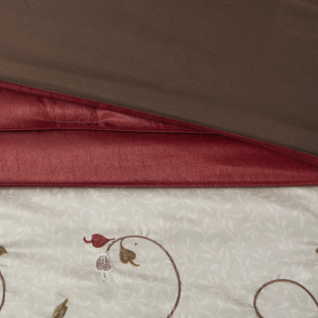 Set of Seven Red Brown And Ivory Floral King Ring Stitch Polyester Sham And Comforter