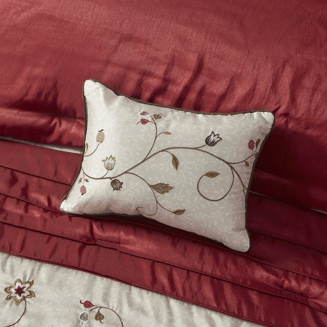 Set of Seven Red Brown And Ivory Floral King Ring Stitch Polyester Sham And Comforter