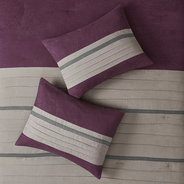 Set of Seven Purple And Gray Striped King Ring Stitch Polyester Sham And Comforter
