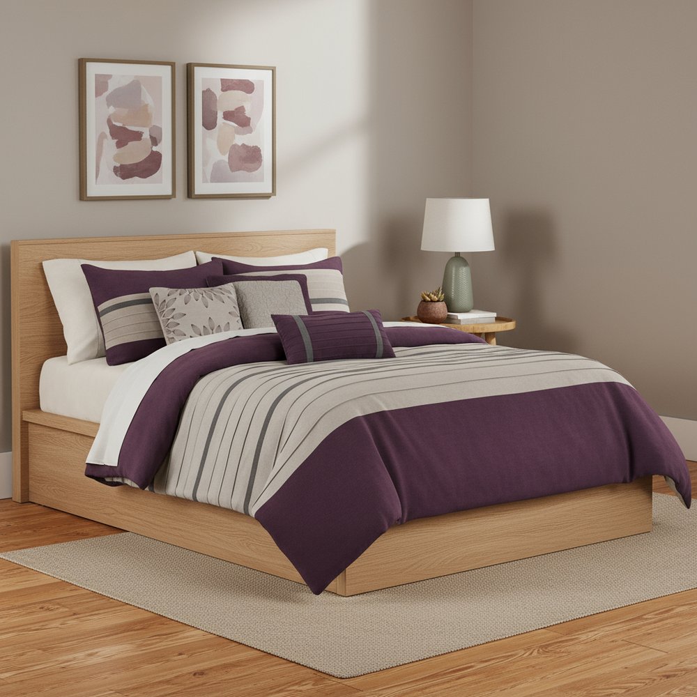 Set of Seven Purple And Gray Striped King Ring Stitch Polyester Sham And Comforter