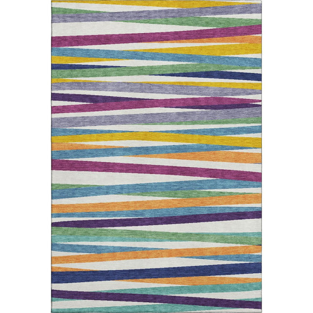 9' X 12' White Purple And Yellow Striped Washable Area Rug With UV Protection