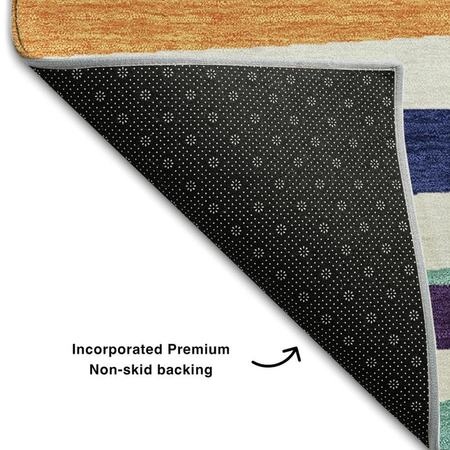 9' X 12' White Purple And Yellow Striped Washable Area Rug With UV Protection