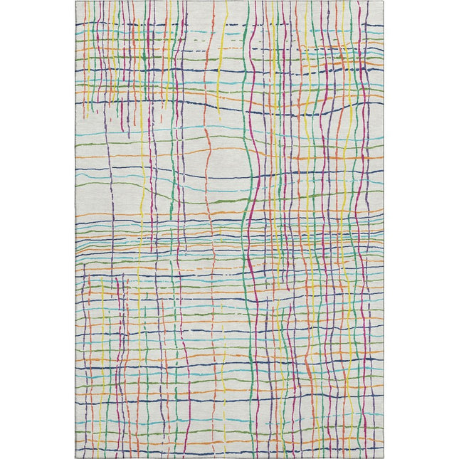 9' X 12' White Yellow Green And Pink Striped Washable Area Rug With UV Protection