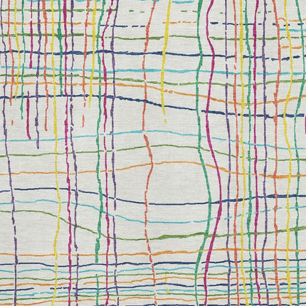 9' X 12' White Yellow Green And Pink Striped Washable Area Rug With UV Protection