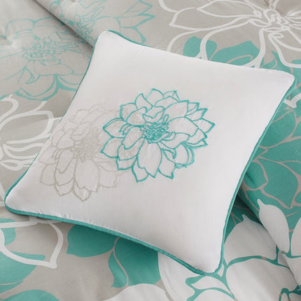 Set of Seven Aqua And White Floral King Ring Stitch Sham And Comforter HomeRoots