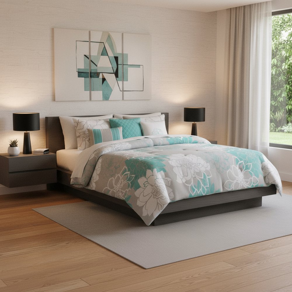 Set of Seven Aqua And White Floral King Ring Stitch Sham And Comforter