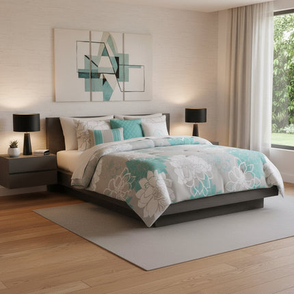 Set of Seven Aqua And White Floral King Ring Stitch Sham And Comforter HomeRoots