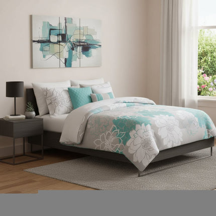 Set of Seven Aqua And White Floral King Ring Stitch Sham And Comforter HomeRoots