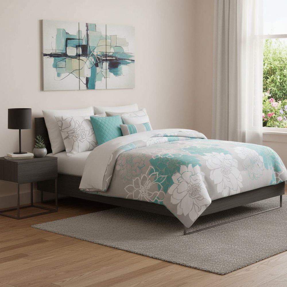 Set of Seven Aqua And White Floral King Ring Stitch Sham And Comforter