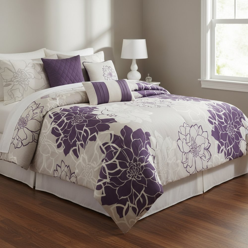 Set of Seven Purple And White Floral King Ring Stitch Sham And Comforter