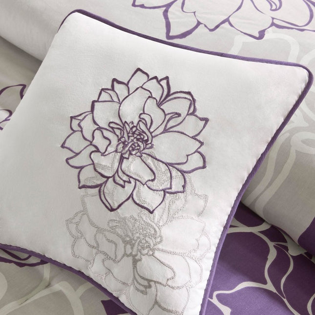 Set of Seven Purple And White Floral King Ring Stitch Sham And Comforter