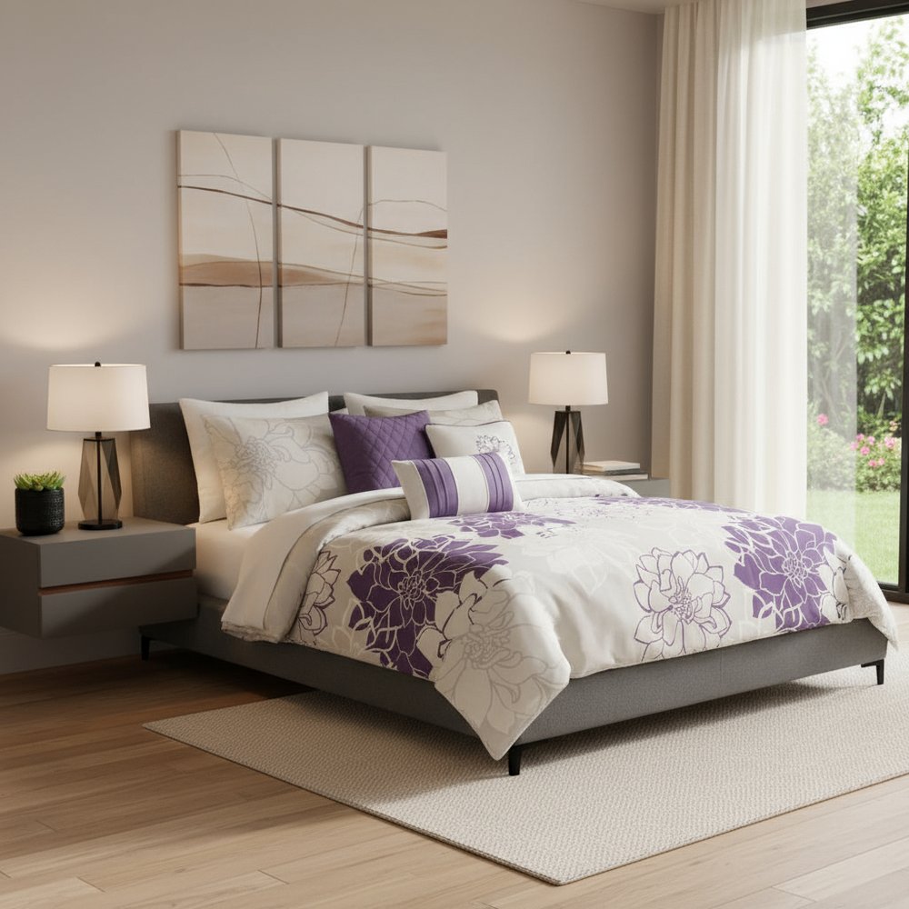 Set of Seven Purple And White Floral King Ring Stitch Sham And Comforter