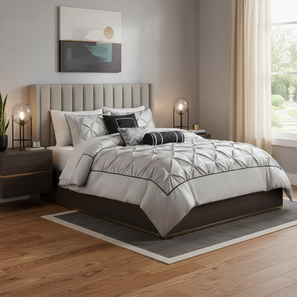 Set of Seven Gray Full Ring Stitch Polyester Sham And Comforter