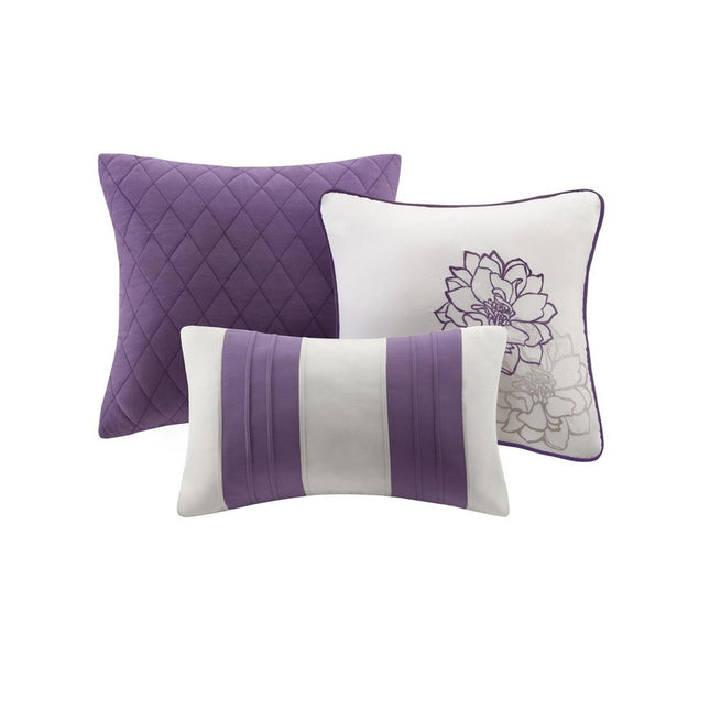 Set of Seven Purple And White Floral Queen Ring Stitch Sham And Comforter
