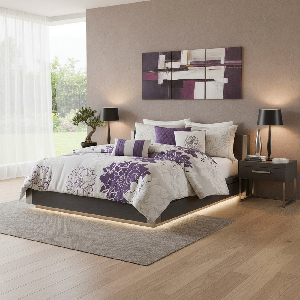 Set of Seven Purple And White Floral Queen Ring Stitch Sham And Comforter